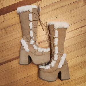 Demonia Camel-311 Camel Tan Suede Faux Fur Platform Knee High Boots